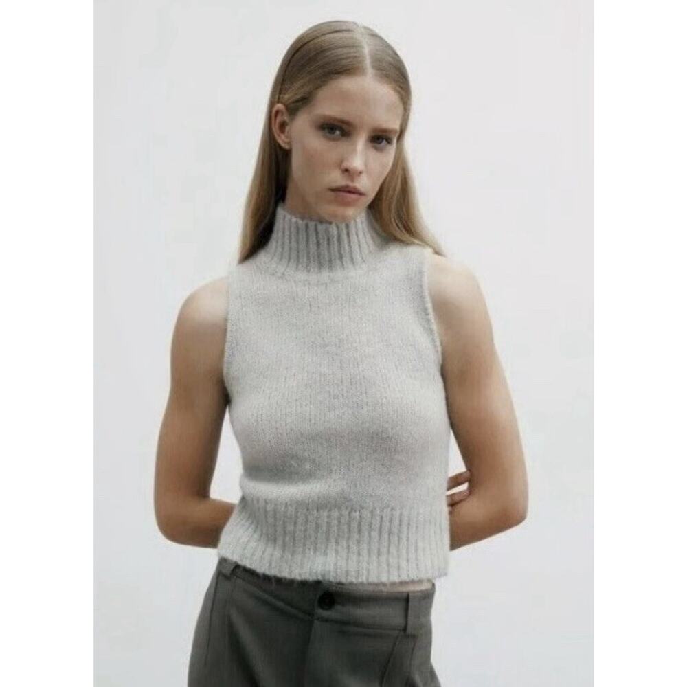 Zara Sleeveless Turtleneck Sweater Vest Women's XL Light Gray Alpaca Wool Blend